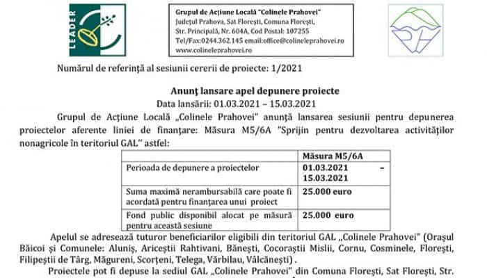 Anunţ lansare apel depunere proiecte: Măsura M5/6A ”Sprijin pentru dezvoltarea activităților nonagricole în teritoriul GAL’’